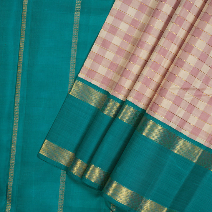 Hayagrivas Handloom Cream & Onion Pink Checks Kanjivaram Silk Saree KBE2281B4-1