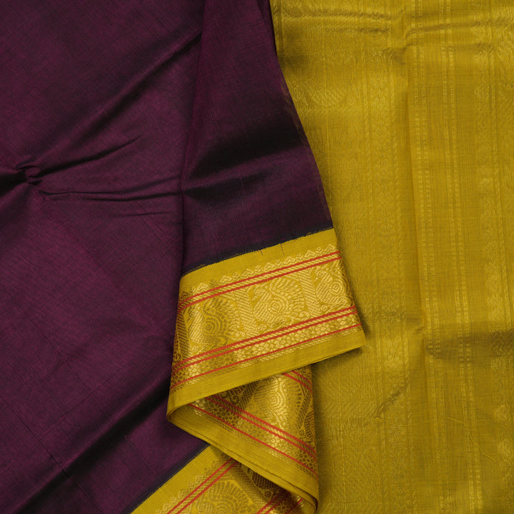 Hayagrivas Violet Pure Silk Cotton Saree with Sampanga Yellow Border KBE2283B1-3