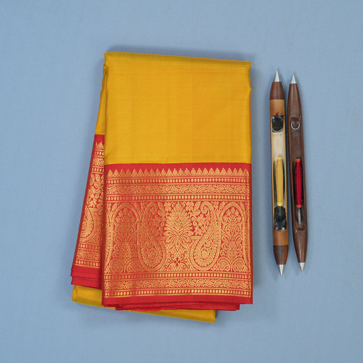 Hayagrivas Handloom Mustard Yellow Kanjivaram Silk Saree with Red Border KBE2290B2-1