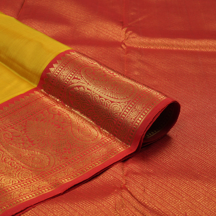 Hayagrivas Handloom Mustard Yellow Kanjivaram Silk Saree with Red Border KBE2290B2-1