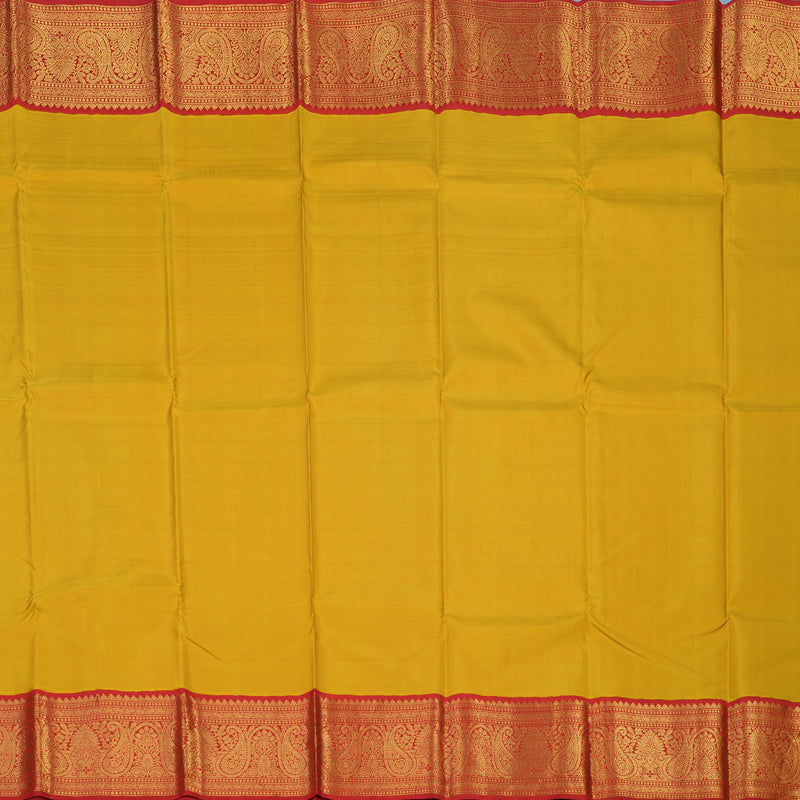 Hayagrivas Handloom Mustard Yellow Kanjivaram Silk Saree with Red Border KBE2290B2-1
