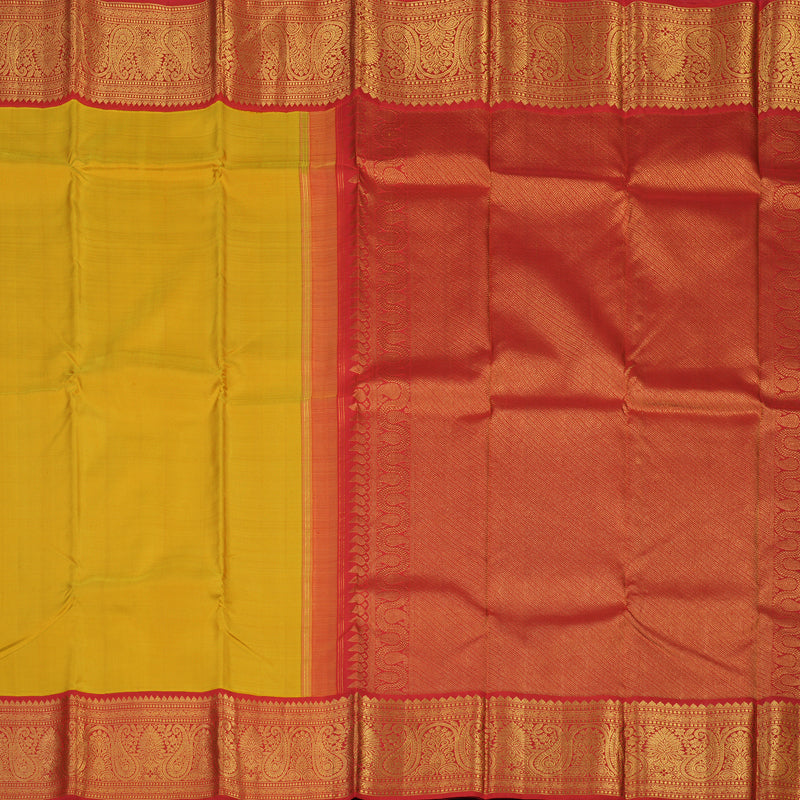 Hayagrivas Handloom Mustard Yellow Kanjivaram Silk Saree with Red Border KBE2290B2-1
