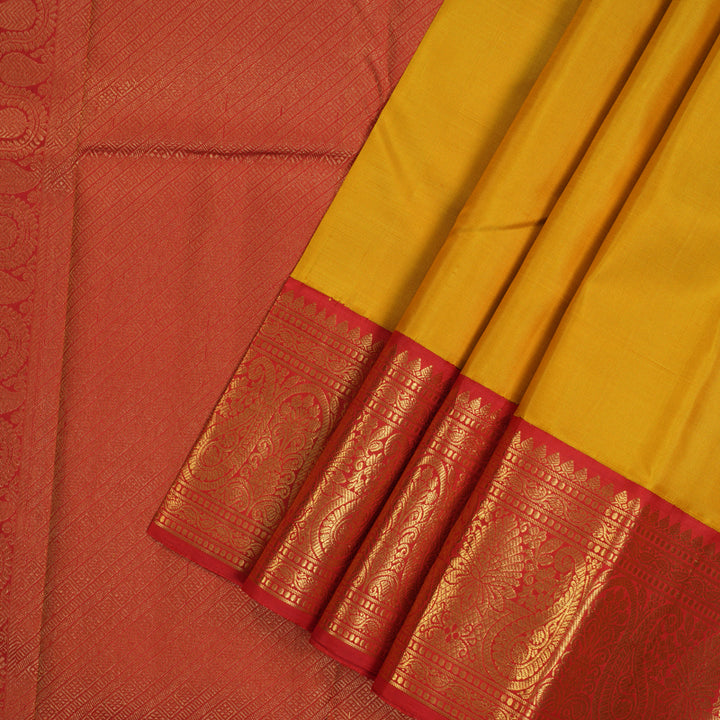 Hayagrivas Handloom Mustard Yellow Kanjivaram Silk Saree with Red Border KBE2290B2-1