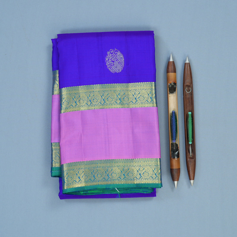 Hayagrivas Handloom Purplish-Blue Kanjivaram Silk Saree with Rose Pink Border KBE2293B3-2