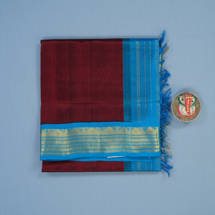 Hayagrivas Araku Maroon Pure Silk Cotton Saree with Sky Blue Border KBE2296B4-1