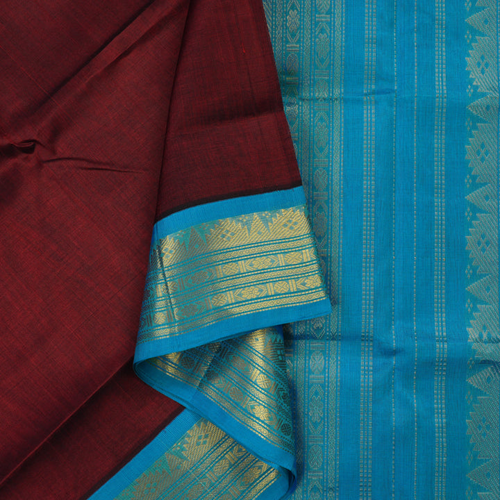 Hayagrivas Araku Maroon Pure Silk Cotton Saree with Sky Blue Border KBE2296B4-1