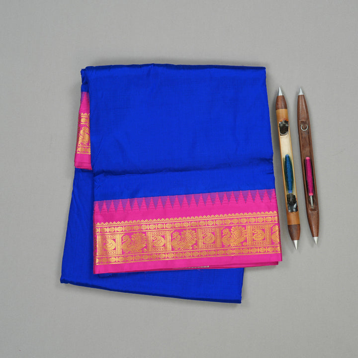 Hayagrivas Blue Handloom Kanjivaram Ten Yards Silk Saree with Pink Border KBE229D1-3
