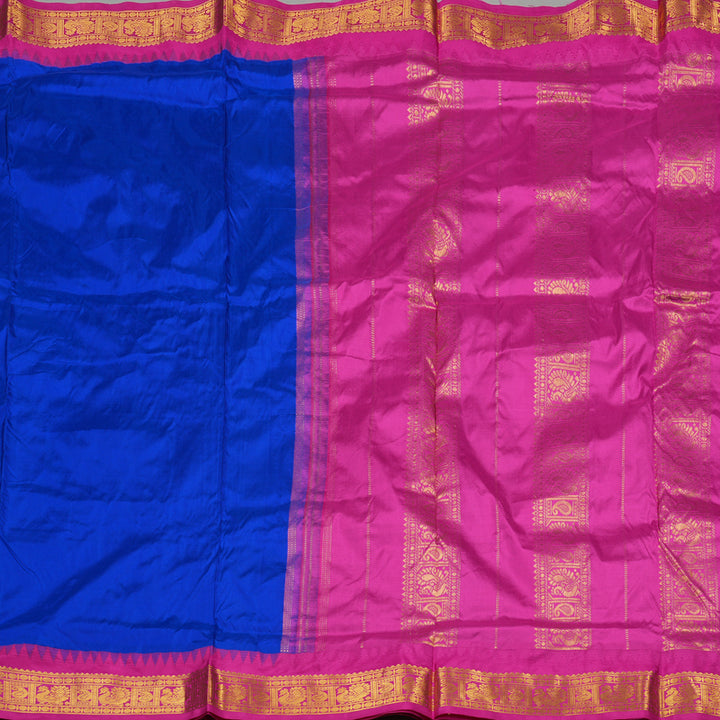 Hayagrivas Blue Handloom Kanjivaram Ten Yards Silk Saree with Pink Border KBE229D1-3
