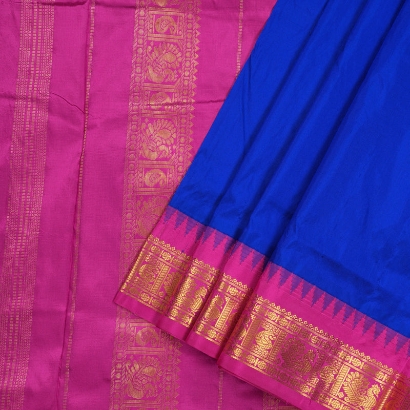 Hayagrivas Blue Handloom Kanjivaram Ten Yards Silk Saree with Pink Border KBE229D1-3