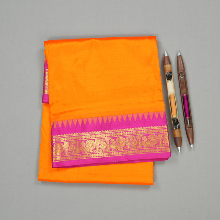 Hayagrivas Mango Yellow Handloom Kanjivaram Ten Yards Silk Saree with Pink Border KBE229D1-4