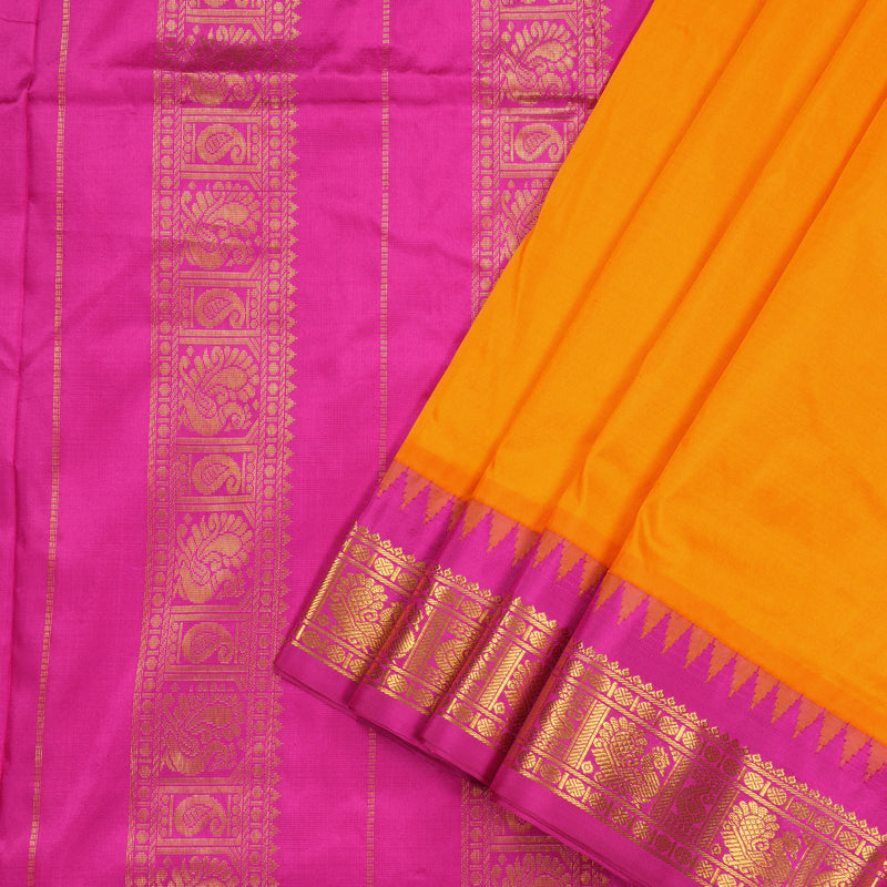 Hayagrivas Mango Yellow Handloom Kanjivaram Ten Yards Silk Saree with Pink Border KBE229D1-4