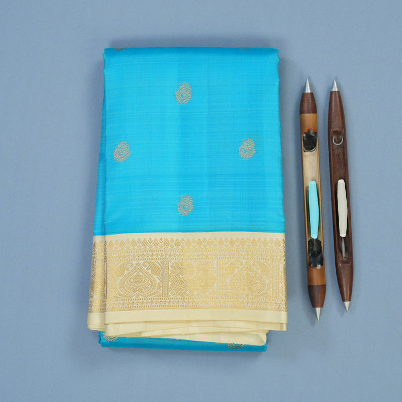 Hayagrivas Handloom Sky Blue Kanjivaram Silk Saree with Ivory Border KBE2302B3-1