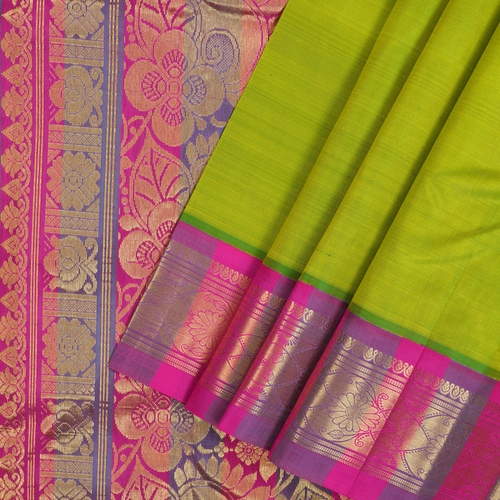 Hayagrivas Fluorescent Green Pure One-sided border Kanjivaram Silk Saree KBE2307B1-5