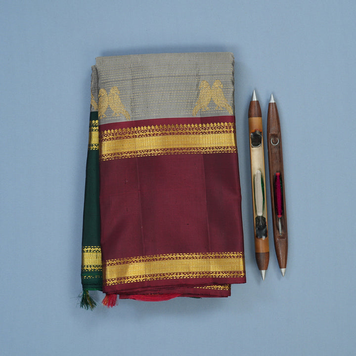 Hayagrivas Handloom Elephant Grey Kanjivaram Silk Saree with Ganga Jamuna Border KBE2312B15-1