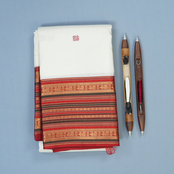 Hayagrivas Handloom Milk-White Kanjivaram Silk Saree with Red Border KBE2314B3-1
