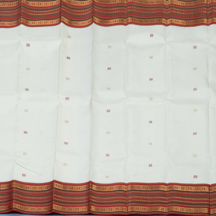 Hayagrivas Handloom Milk-White Kanjivaram Silk Saree with Red Border KBE2314B3-1