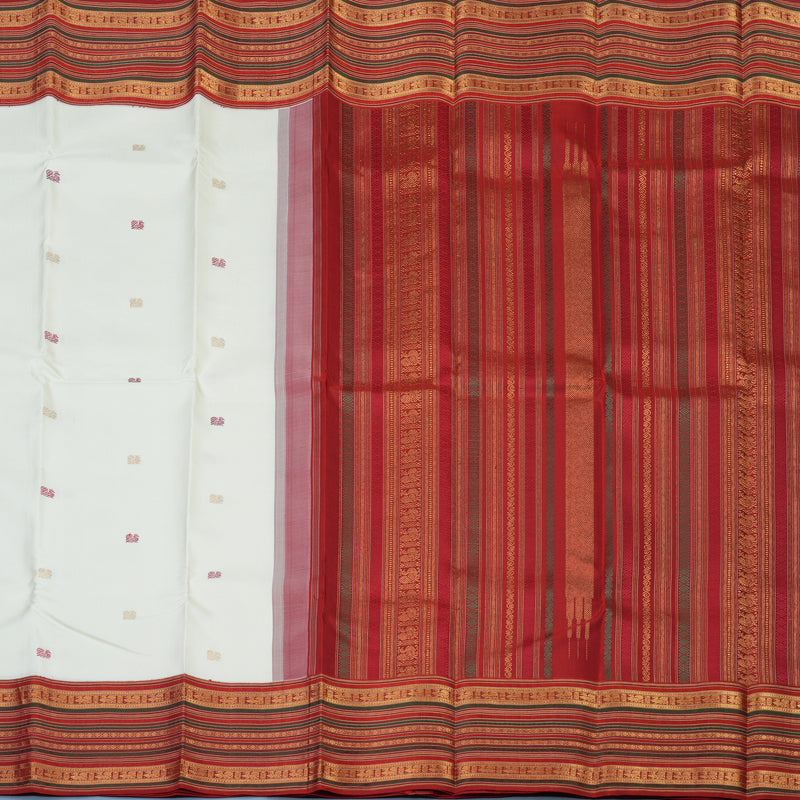 Hayagrivas Handloom Milk-White Kanjivaram Silk Saree with Red Border KBE2314B3-1