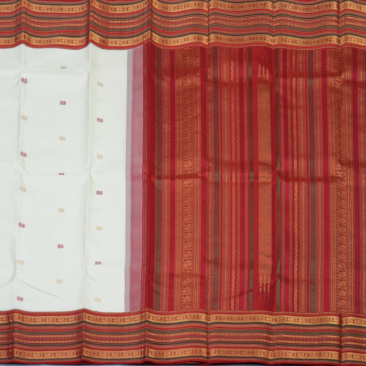 Hayagrivas Handloom Milk-White Kanjivaram Silk Saree with Red Border KBE2314B3-1