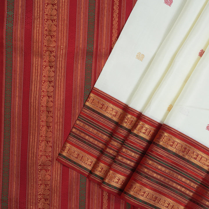 Hayagrivas Handloom Milk-White Kanjivaram Silk Saree with Red Border KBE2314B3-1