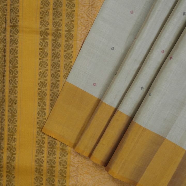 Hayagrivas Handloom Silver Grey Kanjivaram Silk Saree with Ganga Jamuna Border KBE2318B4-1