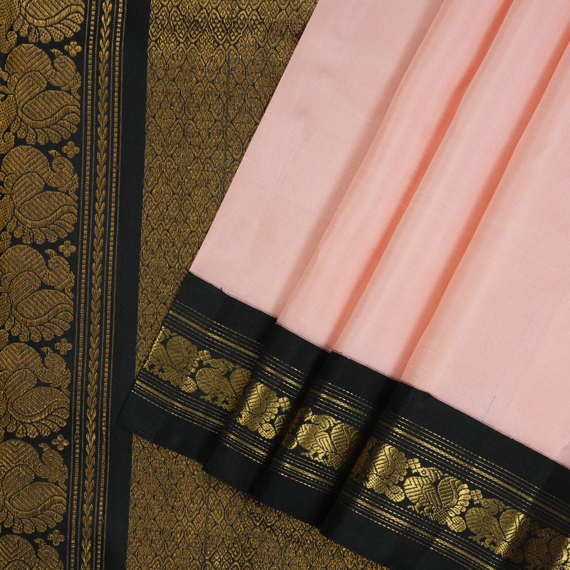 Hayagrivas Handloom Peach Pink Kanjivaram Silk Saree with Black Border KBE2321B1-1