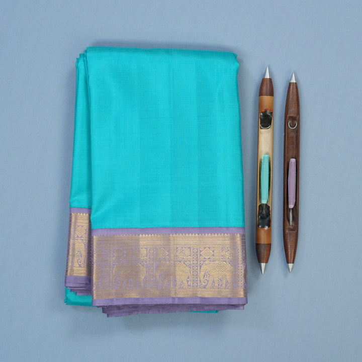 Hayagrivas Handloom Sky Blue Kanjivaram Silk Saree with Lilac Border KBE2325B4-1