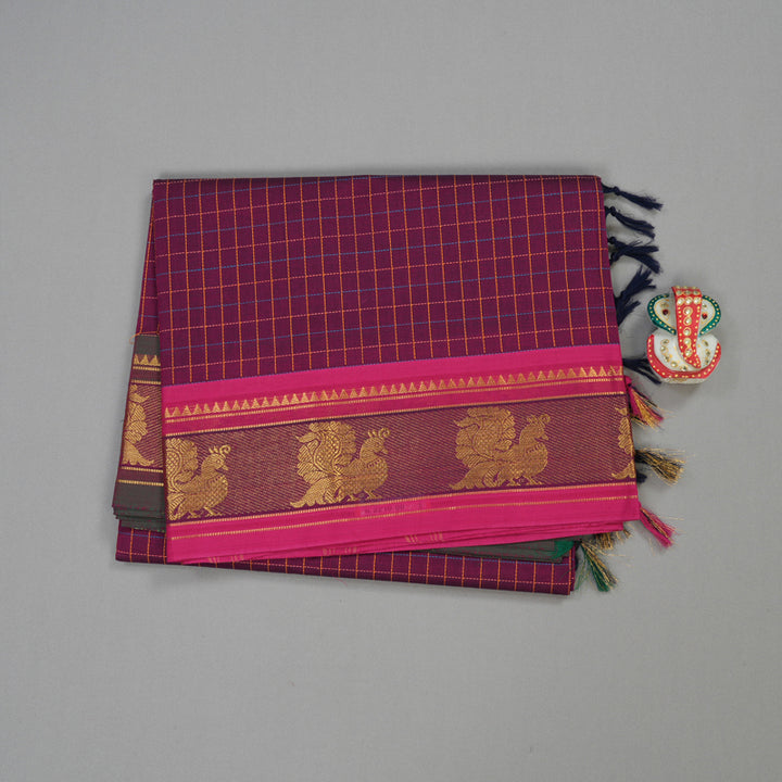 Hayagrivas Dark Purple Handloom Pure Cotton Saree with Ganga Jamuna (Green And Pink) Border KBE232D1-10