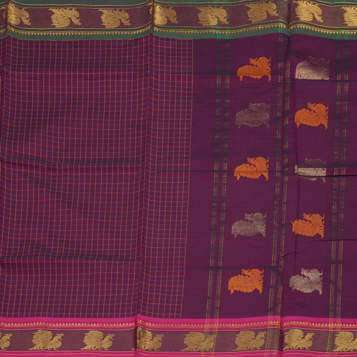 Hayagrivas Dark Purple Handloom Pure Cotton Saree with Ganga Jamuna (Green And Pink) Border KBE232D1-10