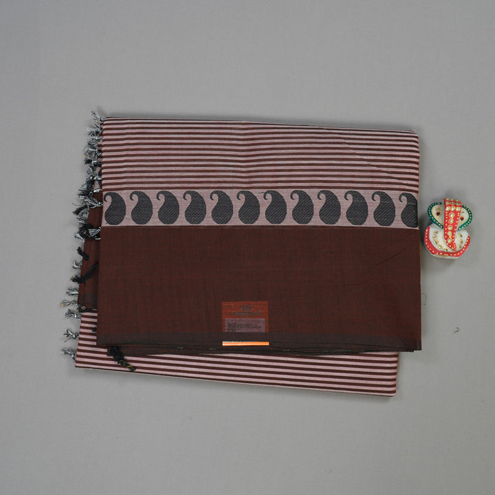 Hayagrivas Dark Brown With White Handloom Pure Cotton Saree with Dark Brown Border KBE232D7-5