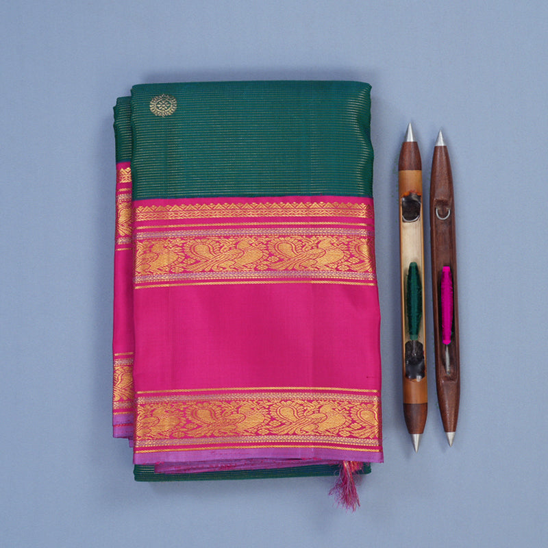 Hayagrivas Handloom Ramar Green Kanjivaram Silk Saree with Rani Pink Border KBE2331B2-1