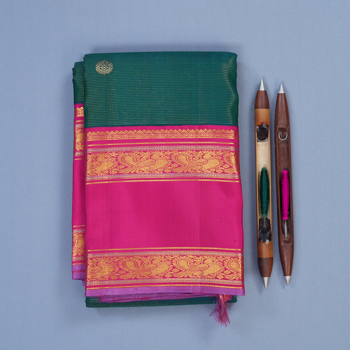 Hayagrivas Handloom Ramar Green Kanjivaram Silk Saree with Rani Pink Border KBE2331B2-1