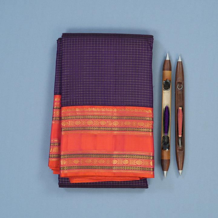 Hayagrivas Handloom Purplish-Blue Kanjivaram Silk Saree with Orangish-Pink Border KBE2331B3-2