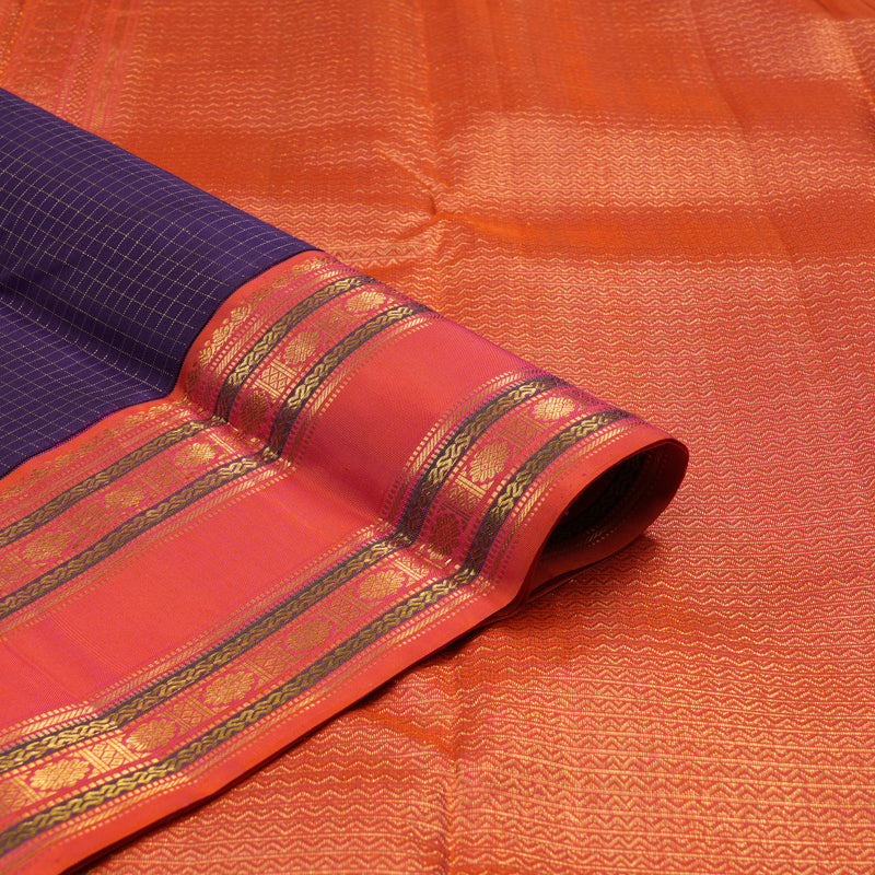 Hayagrivas Handloom Purplish-Blue Kanjivaram Silk Saree with Orangish-Pink Border KBE2331B3-2