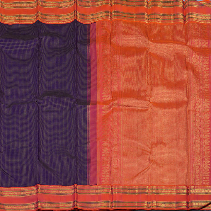 Hayagrivas Handloom Purplish-Blue Kanjivaram Silk Saree with Orangish-Pink Border KBE2331B3-2