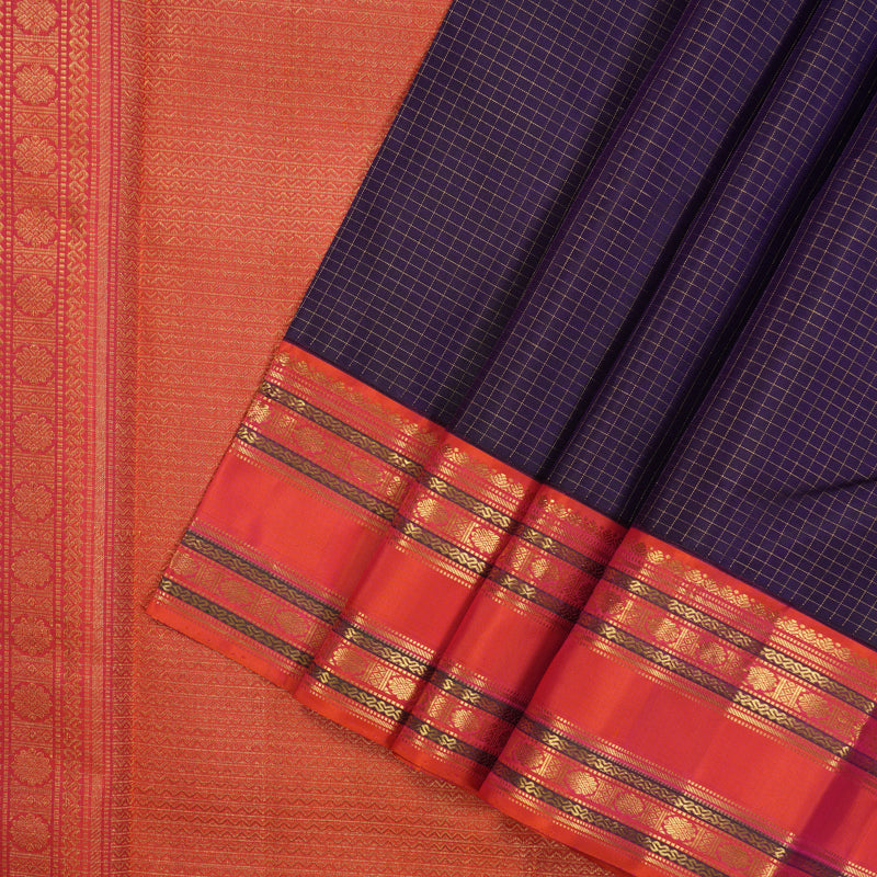 Hayagrivas Handloom Purplish-Blue Kanjivaram Silk Saree with Orangish-Pink Border KBE2331B3-2