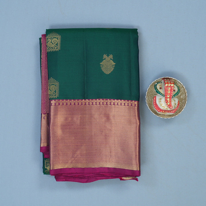 Hayagrivas Handloom Peacock Green Kanjivaram Silk Saree with Purple Border KBE2333B2-2
