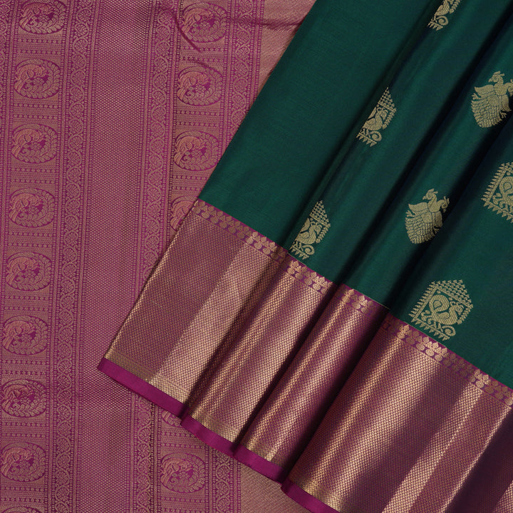 Hayagrivas Handloom Peacock Green Kanjivaram Silk Saree with Purple Border KBE2333B2-2