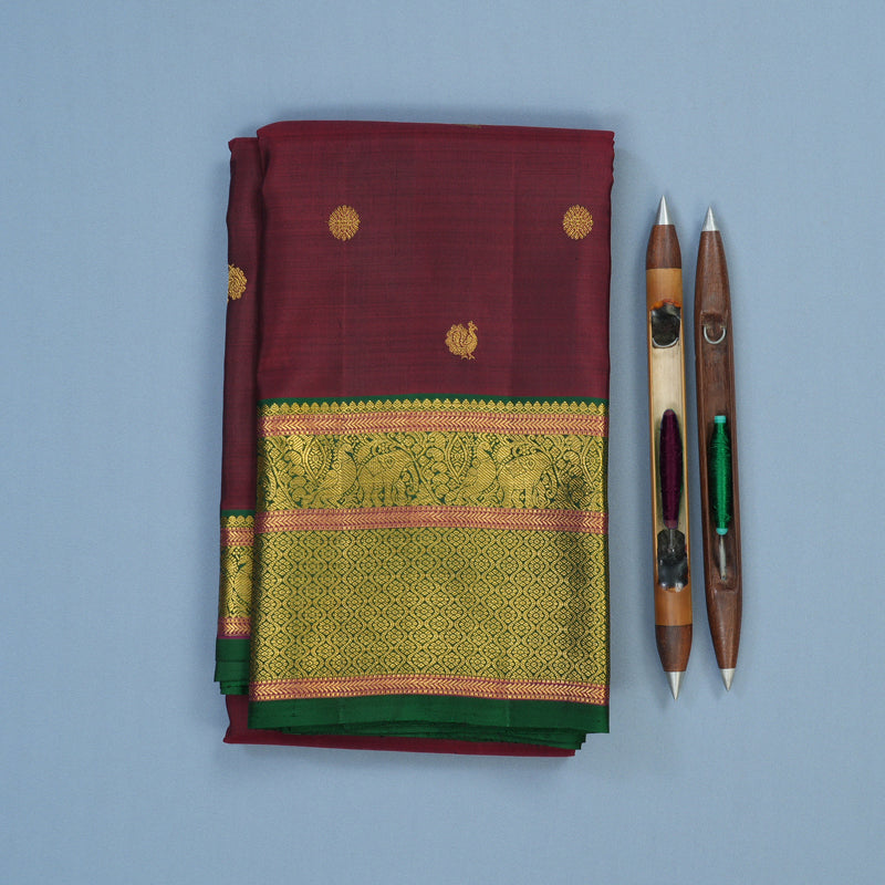 Hayagrivas Handloom Wine Maroon Kanjivaram Silk Saree with Bottle Green Border KBE2334B7-1