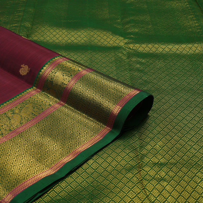 Hayagrivas Handloom Wine Maroon Kanjivaram Silk Saree with Bottle Green Border KBE2334B7-1