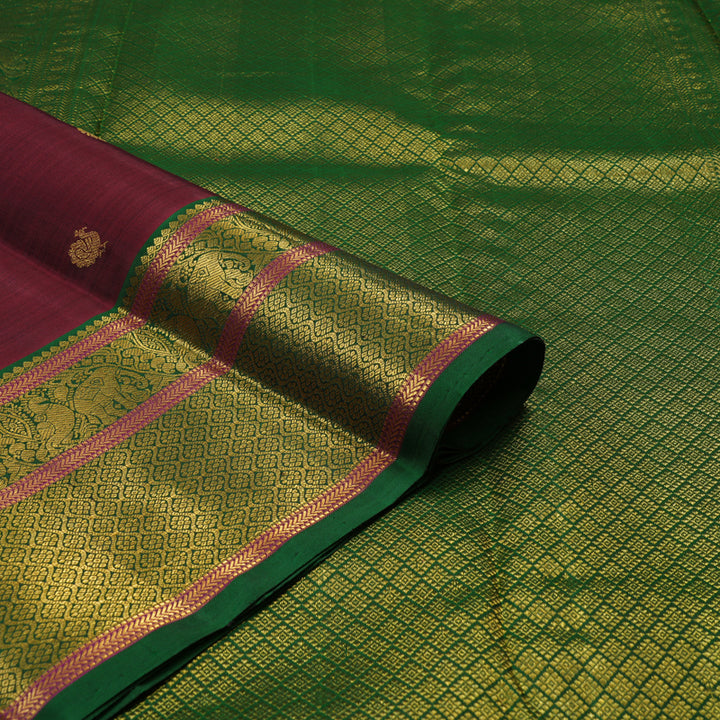Hayagrivas Handloom Wine Maroon Kanjivaram Silk Saree with Bottle Green Border KBE2334B7-1