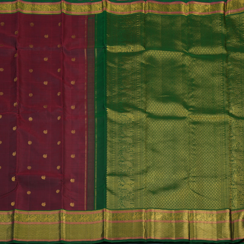 Hayagrivas Handloom Wine Maroon Kanjivaram Silk Saree with Bottle Green Border KBE2334B7-1