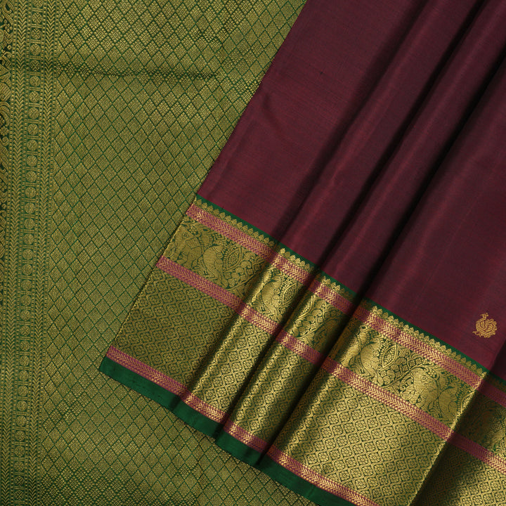 Hayagrivas Handloom Wine Maroon Kanjivaram Silk Saree with Bottle Green Border KBE2334B7-1