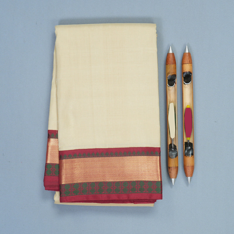 Hayagrivas Handloom Half-White Kanjivaram Silk Saree with Maroonish-Pink Border KBE2338B7-1