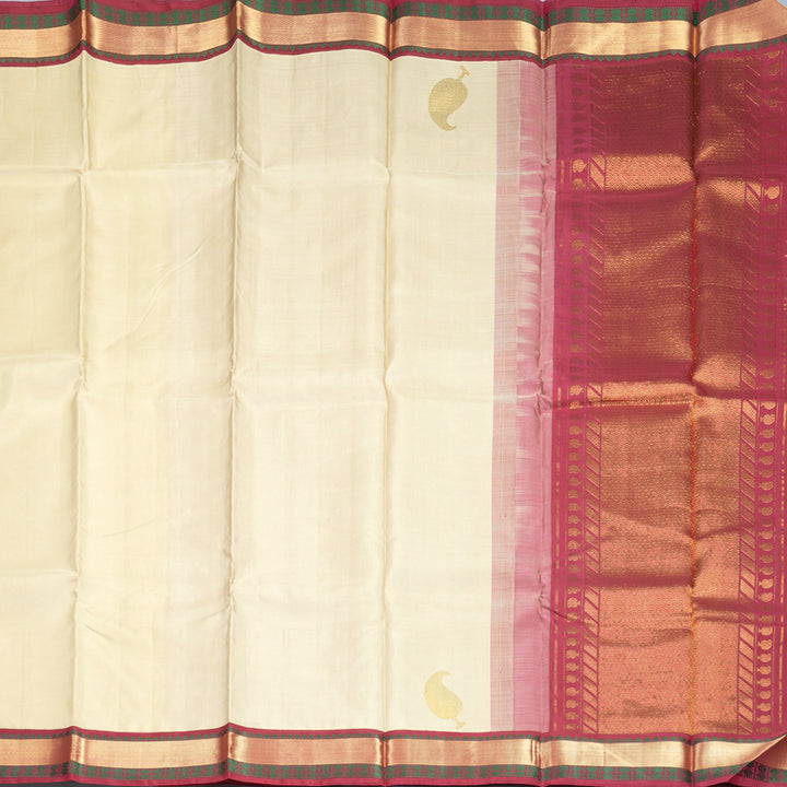 Hayagrivas Handloom Half-White Kanjivaram Silk Saree with Maroonish-Pink Border KBE2338B7-1