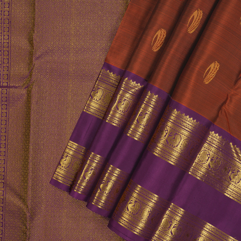 Hayagrivas Handloom Rust Orange Kanjivaram Silk Saree with Purple Border KBE2340B4-3