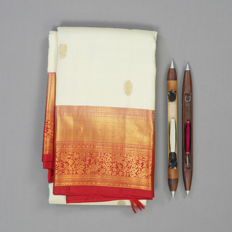 Hayagrivas Handloom Half-White Kanjivaram Silk Saree with Red Border KBE2340B5-1