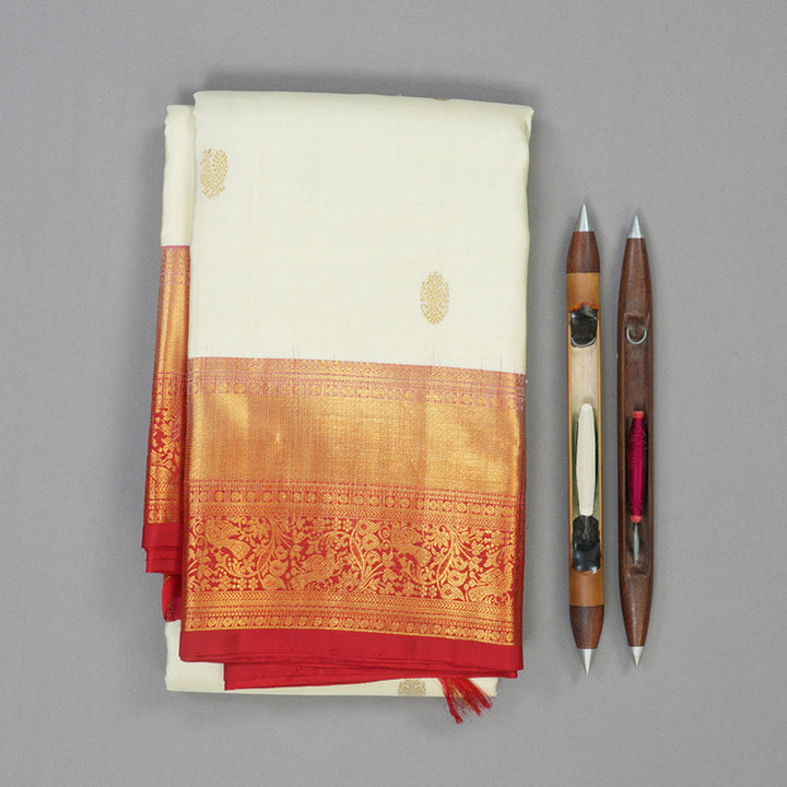 Hayagrivas Handloom Half-White Kanjivaram Silk Saree with Red Border KBE2340B5-1