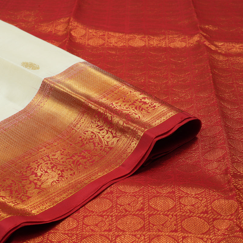Hayagrivas Handloom Half-White Kanjivaram Silk Saree with Red Border KBE2340B5-1