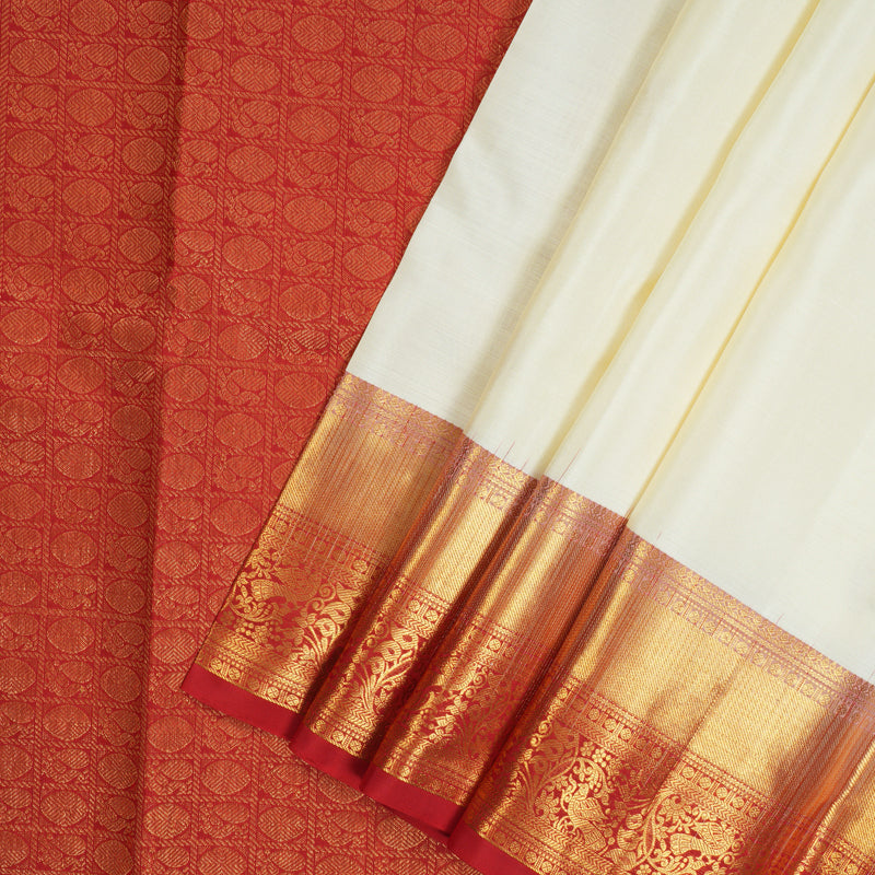 Hayagrivas Handloom Half-White Kanjivaram Silk Saree with Red Border KBE2340B5-1