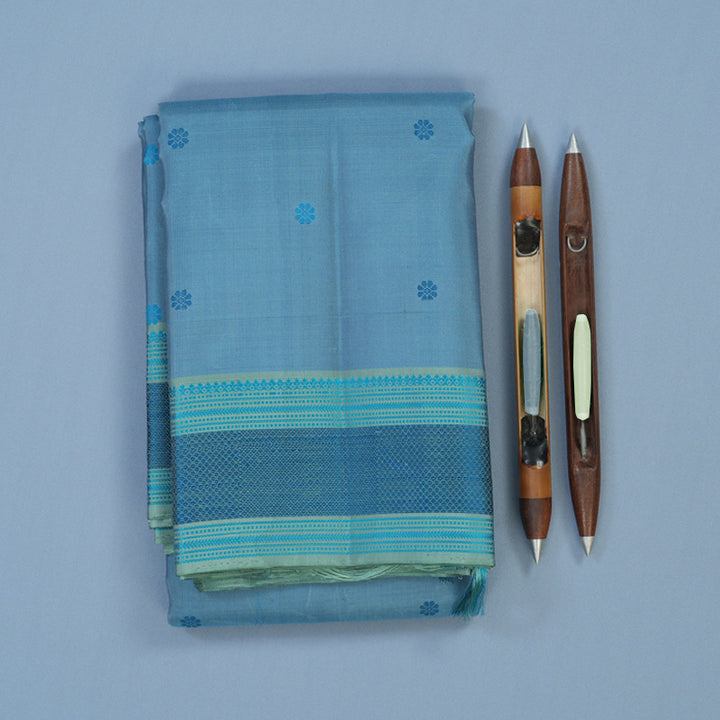 Hayagrivas Handloom Powder Blue Kanjivaram Silk Saree with Pastel Green Border KBE2345B14-1